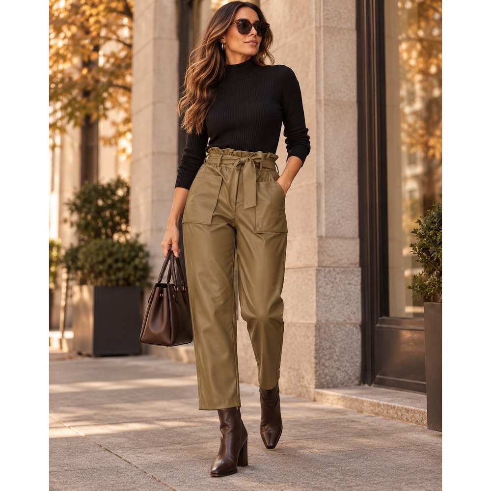 Who What Wear Olive Faux Leather Paperbag Pants Size 4 Utility Quiet Luxury - Picture 1 of 6